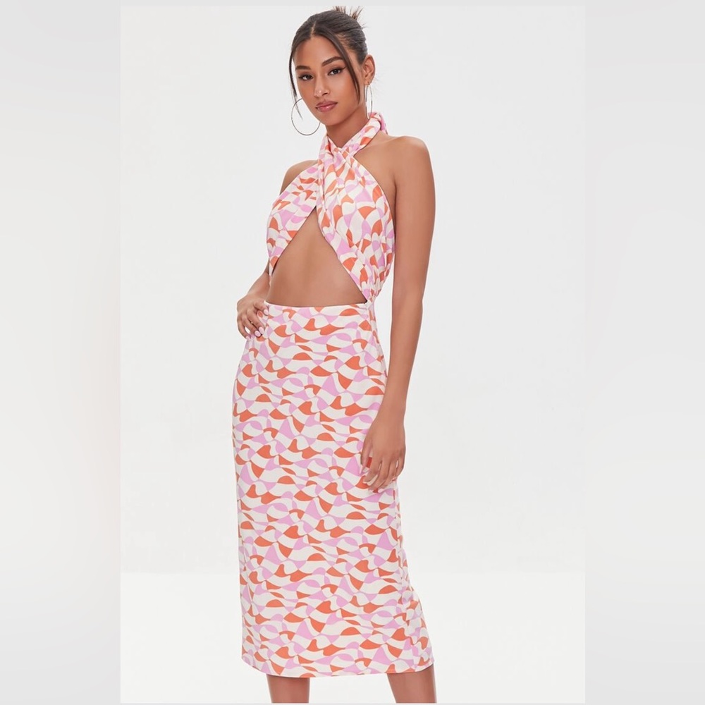 Abstract Print Cutout Halter Dress